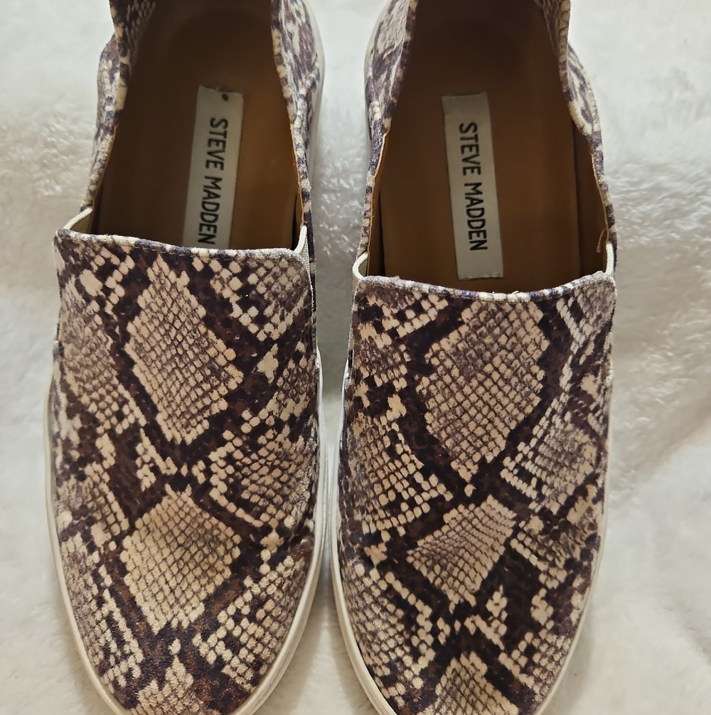 Steve Madden Brown and Cream Snake-Print Slip-On Sneakers